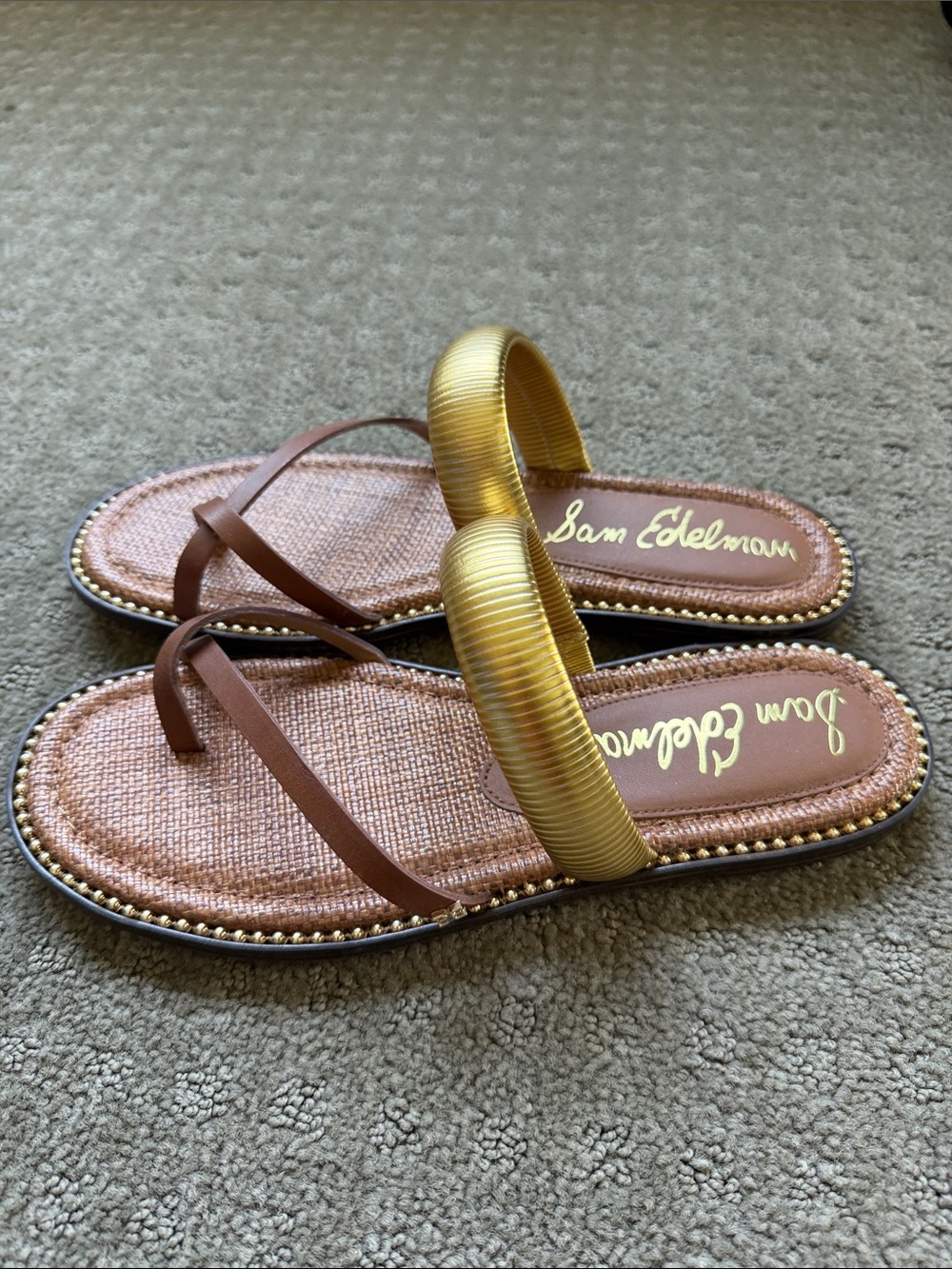 Sam Edelman Brown and Gold Woven Slide Sandals - Picture 2 of 3